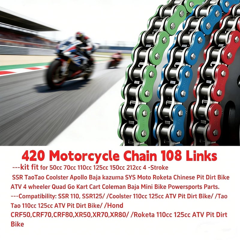 DREAM MOTION Motorcycle 420 Chain 108 Links Anti-Rust Coating Drive Chain Powersports Parts for Honda Apollo Yamaha 50cc ~ 150cc SSR ATV Street Bike All-Road Dirt Pit Bike Accessories (Red) - Image 4